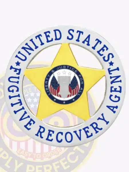 Bright gold 5-point star metal badge encircled by a silver banner that reads 'United States Fugitive Recovery Agent.' The center emblem includes American flags and the motto 'Liberty & Justice For All,' designed with a safety pin attachment on the back.