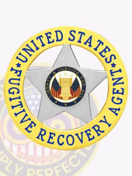 Custom silver 5-point star metal badge with a gold circular banner that reads 'United States Fugitive Recovery Agent.' The center features the Bail Enforcement emblem with American flags and the motto 'Liberty & Justice For All,' with a safety pin attachment on the back.