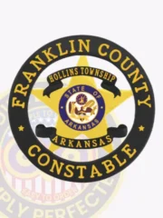Gold five-point star metal badge surrounded by a black circle banner marked "Franklin County Constable," displaying a black ribbon with "Hollins Township Arkansas" and the official Arkansas state emblem, equipped with a safety pin fastener.