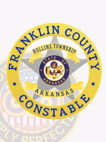 Official-looking silver 5-point star metal badge framed by a gold circular banner with blue lettering stating "Franklin County Constable," featuring yellow ribbons with "Hollins Township Arkansas" and the State of Arkansas seal, fitted with a safety pin closure.