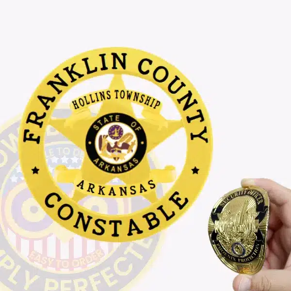 Custom gold 5-point star flex badge with a circular banner reading "Franklin County Constable" and "Hollins Township Arkansas," featuring the State of Arkansas seal in the center, designed with a velcro attachment for easy fastening.