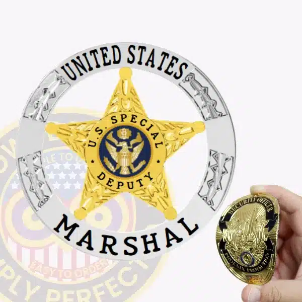 Custom gold 5-point star flex badge with intricate leaf patterns, set in a silver circular banner engraved with 'UNITED STATES MARSHAL,' featuring a velcro attachment for easy fastening, designed for U.S. Marshals.