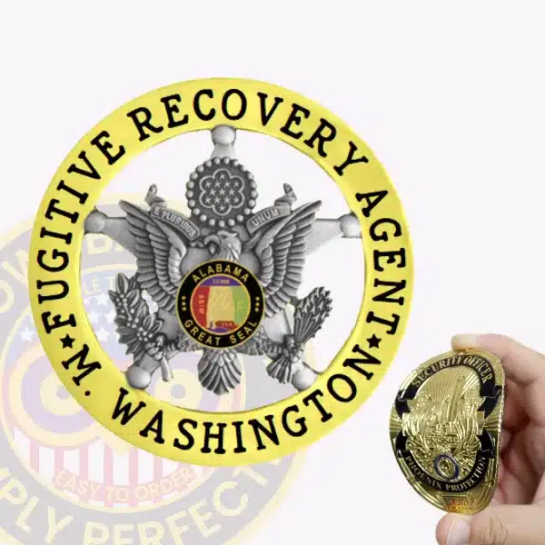 Custom silver eagle flex badge featuring a detailed eagle with outstretched wings and a 5-point star behind it, encircled by a yellow banner reading "Fugitive Recovery Agent" and "Washington," designed for fugitive recovery agents with a velcro attachment.