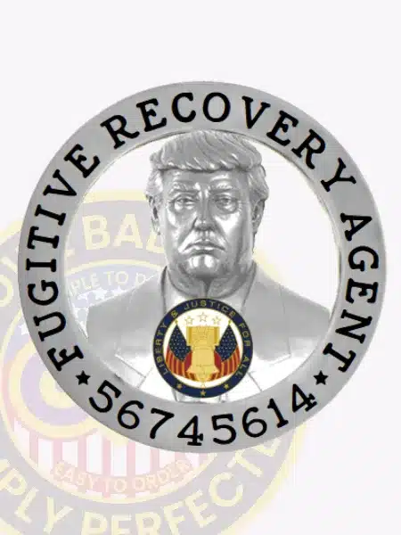 Sleek custom silver metal badge displaying a three-dimensional Trump bust inside a circle banner engraved with "Fugitive Recovery Agent" and the serial number "57745614," designed for fugitive recovery agents and featuring a safety attachment for secure wear.