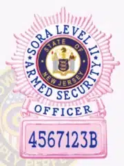 Pink BCAM starburst shaped metal badge for SORA Level 2 armed security officers, showcasing the New Jersey state emblem at the center, encircled by blue lettering, 'SORA LEVEL 2 ARMED SECURITY OFFICER,' and an identification number panel below, secured with a safety pin.