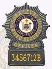 ORA Level 2 officer badge in a custom black starburst design, featuring the official State of New Jersey seal in the middle, bold yellow text around the seal, and a rectangular ID panel with the number '3456712B,' equipped with a safety pin fastener.