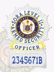 Metal badge with silver starburst shape and gold panels for SORA Level 2 armed security officers, central colored New Jersey state seal, blue ring text reading 'SORA LEVEL 2 ARMED SECURITY OFFICER,' and a unique ID number on a silver plate at the bottom with safety pin attachment.