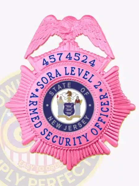 Pink BCAM metal badge designed for SORA Level 2 armed security officers, with a star-shaped body, an eagle emblem on top, blue lettering reading "SORA LEVEL 2 ARMED SECURITY OFFICER," New Jersey state seal in the center, and badge number 4574524.