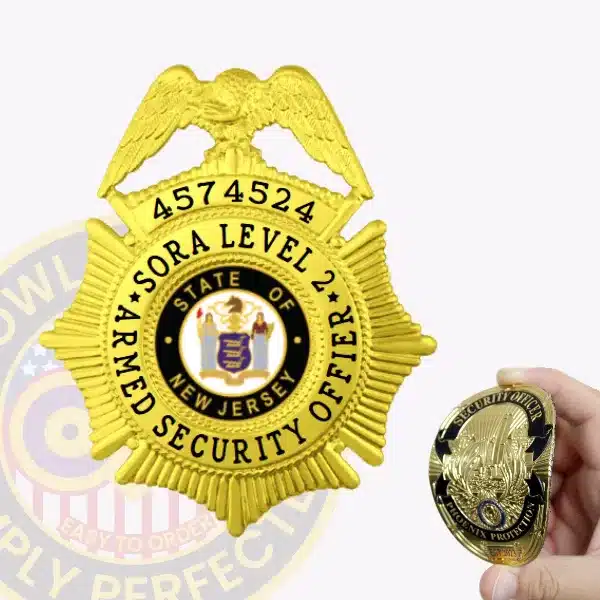 Close-up image of a custom gold eagle top flex badge for SORA Level 2 Armed Security Officer, featuring a bright gold finish with raised eagle emblem and the State of New Jersey seal in the center, designed with velcro attachment for easy wear.