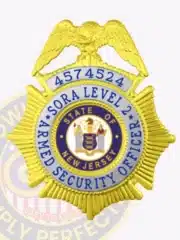 Detailed gold metal badge with silver panels for SORA Level 2 armed security officer, highlighting blue "SORA LEVEL 2 ARMED SECURITY OFFICER" text on silver banners, an eagle emblem at the top, New Jersey state seal, and badge number 4574524.