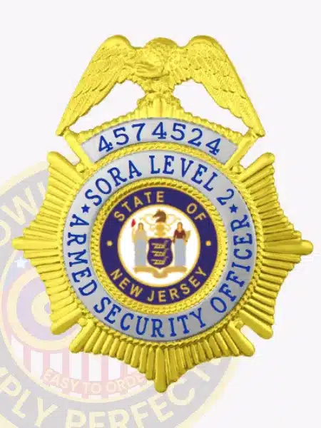Detailed gold metal badge with silver panels for SORA Level 2 armed security officer, highlighting blue "SORA LEVEL 2 ARMED SECURITY OFFICER" text on silver banners, an eagle emblem at the top, New Jersey state seal, and badge number 4574524.