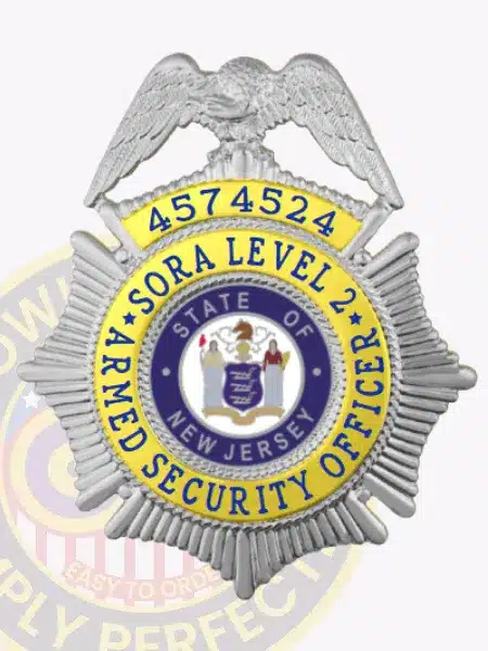 Close-up image of a custom silver metal badge for SORA Level 2 armed security officer, displaying gold panels with blue embossed text, a raised eagle at the top, the State of New Jersey seal in the center, and badge number 4574524.