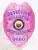 Bright pink metal detective badge for Hollistor Investigations Inc in Arizona, displaying an eagle emblem on top, blue lettering including “DETECTIVE HOLLISTOR INVESTIGATIONS INC 9860,” and the Arizona state seal in the center, equipped with a safety pin fastening.