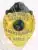 Gold metal security badge with custom black bear top for Allied Universal Branch Manager, featuring a globe image in the center and secured by a safety pin on the back.