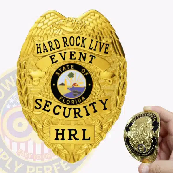 Gold eagle-top security badge designed for Hard Rock Live Event, displaying bold black lettering and the official Florida state seal, made with flexible material and a velcro backing for easy wear.