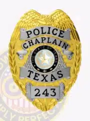 Gold and silver Police Chaplain badge from Texas, showcasing a detailed eagle at the top, silver ribbon panels for "POLICE," "CHAPLAIN," and "TEXAS," and a state seal in the center, designed with a safety pin fastening.