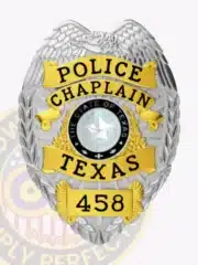 Police Chaplain badge featuring a silver metal eagle on top and gold panels reading "POLICE CHAPLAIN TEXAS," centered around the Texas state seal, numbered "458," with a safety pin for secure wear.
