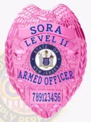 Custom BCAM pink metal badge for SORA Level II armed officer, featuring a detailed eagle design at the top, State of New Jersey seal in the center, and a safety pin attachment on the back for secure wear.