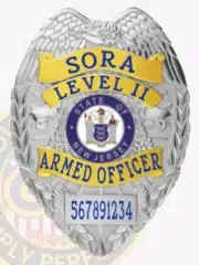 Silver metal SORA Level II armed officer badge with gold-colored panels, displaying blue text, an embossed eagle design, New Jersey state emblem in the center, and a safety pin fastener for secure wear.