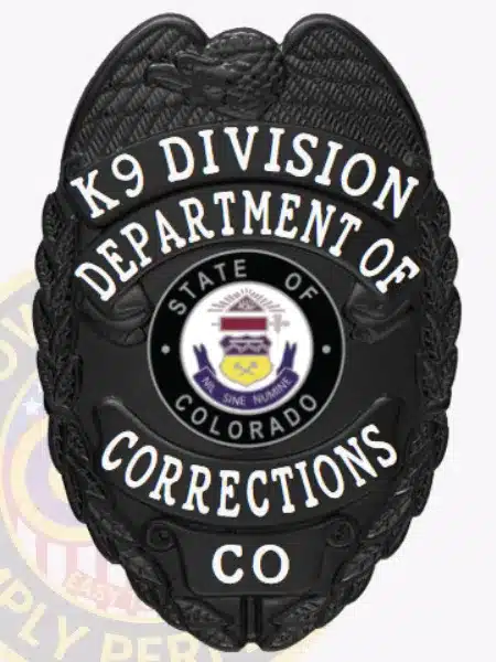 Black custom corrections badge with an eagle motif at the top, labeled "K9 Division Department of Corrections CO," featuring the official Colorado state seal in the center and a safety pin fastener on the back.