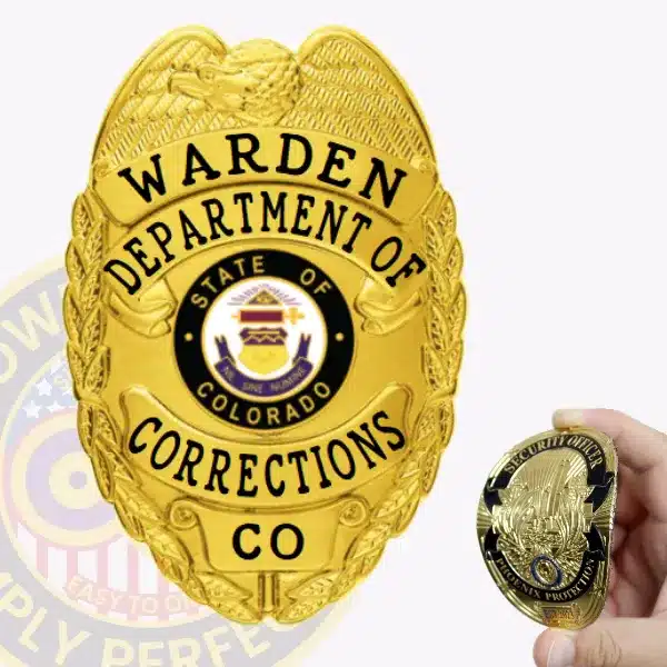Close-up image of a custom gold flex badge for the Department of Corrections, featuring an eagle at the top with black text reading "Warden Department of Corrections CO," centered around the State of Colorado seal, and attached with Velcro.