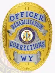 Official gold oval badge with silver accents for an Officer in Wyoming Rehabilitation Corrections, showing bold blue text, the state seal prominently in the middle, and a safety pin fastener on the back for attachment.