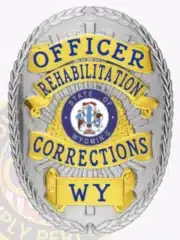Detailed custom badge featuring a silver oval base, gold banners with blue lettering, the Wyoming state emblem in the center, and "WY" initials. Includes a safety pin attachment for easy securing.