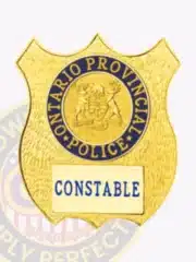 Ontario Provincial Police custom gold shield metal badge for the constable rank, with embossed provincial crest and blue lettering, designed with a safety pin for easy attachment.