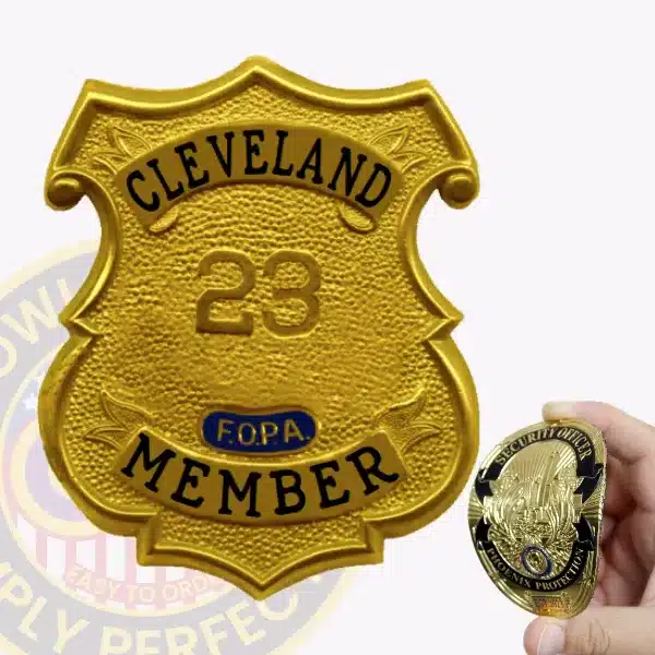Custom gold shield flex badge for Fraternal Order of Police, the Cleveland member with velcro attachment, featuring a textured gold finish with the number "23" embossed in the center, black lettering for "CLEVELAND" at the top and "MEMBER" at the bottom, and a small blue F.O.P.A. emblem in the middle.