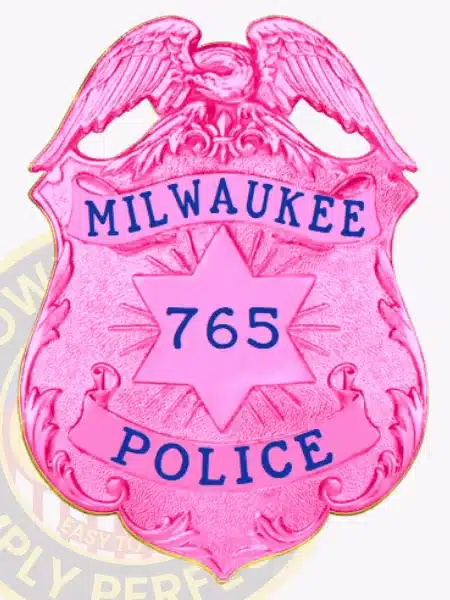 Custom BCAM pink police badge with eagle top shield design for Milwaukee Police Department, featuring the badge number 765 and a safety pin attachment.