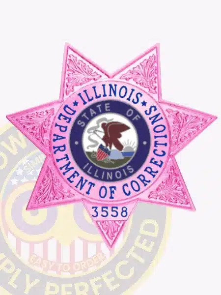 Custom BCAM pink 7-point star metal badge for the Illinois Department of Corrections, featuring intricate embossed detailing on each star point, with a central circular seal displaying the "STATE OF ILLINOIS" emblem including a bald eagle and landscape, encircled by blue text "ILLINOIS DEPARTMENT OF CORRECTIONS," and a unique badge number 3558 at the bottom; includes safety pin attachment.