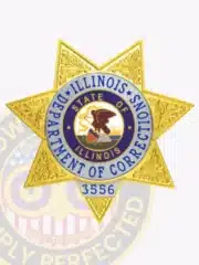 Illinois Department of Corrections custom badge in gold 7-point star design with ornate embossed patterns, silver panels framing the central circular state seal featuring an eagle and shield, encircled by blue text "ILLINOIS DEPARTMENT OF CORRECTIONS," and badge number 3556 displayed below; fitted with a safety pin fastener.