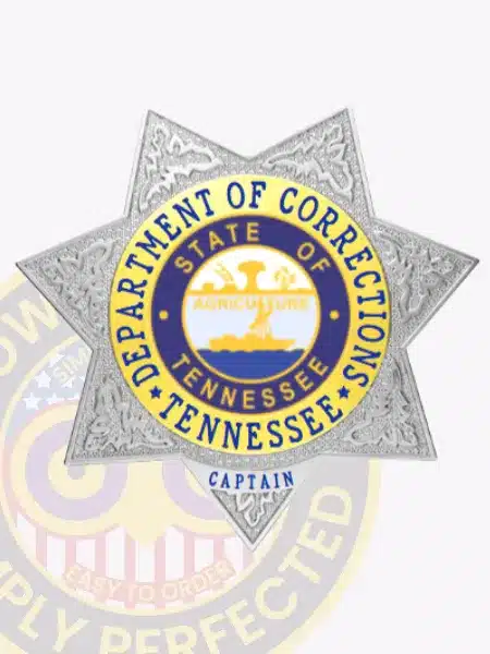 Tennessee Department of Corrections custom metal badge in a silver 7-point star shape with gold accent panels, featuring a blue and gold state seal with agricultural symbols at the center, bordered by "DEPARTMENT OF CORRECTIONS TENNESSEE," and marked "CAPTAIN" on the lower panel; fitted with a safety pin fastener.