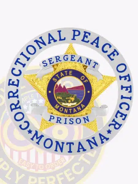 Gold 5-point star metal badge designed for Montana Correctional Peace Officers, with intricate embossing on the star points, a central circular seal showcasing the official Montana state emblem with natural scenery, surrounded by a silver ring with blue lettering "CORRECTIONAL PEACE OFFICER MONTANA," and labeled "SERGEANT" and "PRISON" on white ribbons; attached with a safety pin.