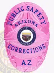 Custom BCAM pink oval metal badge for Public Safety Corrections in Arizona, featuring blue lettering, State of Arizona emblem center, and a safety pin attachment on the back.