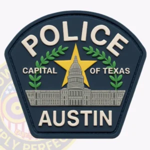 Navy shoulder emblem with a capitol dome and laurel reading Austin Police, Capital of Texas PVC patch