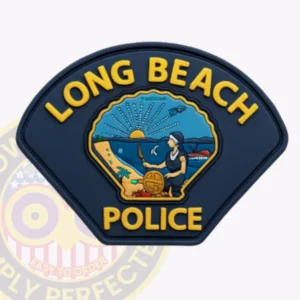Navy shield with a beach and sunset scene reading Long Beach Police PVC patch