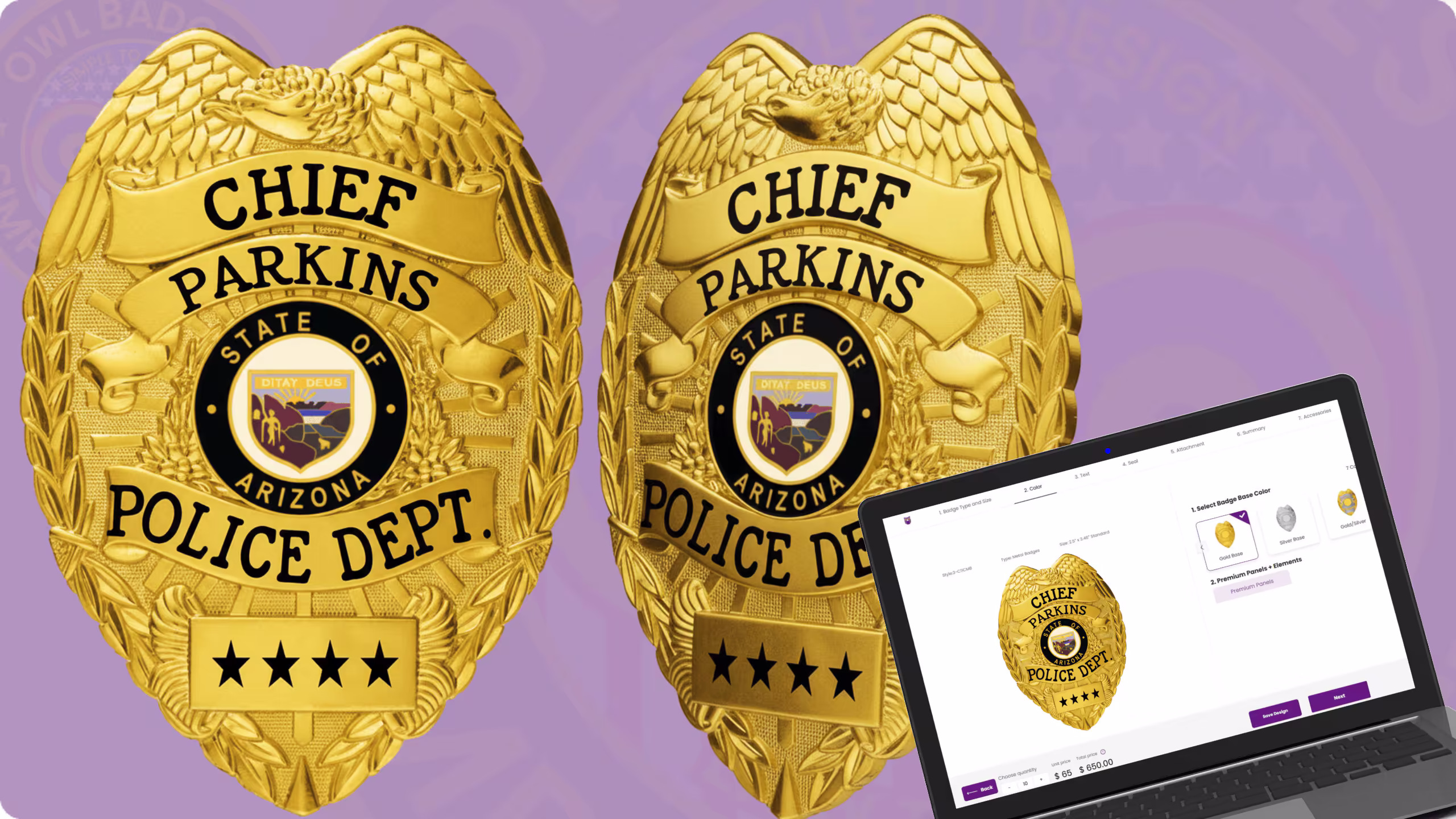 Gold police badges with customization options. Custom police chief badges: design & order official command shields online