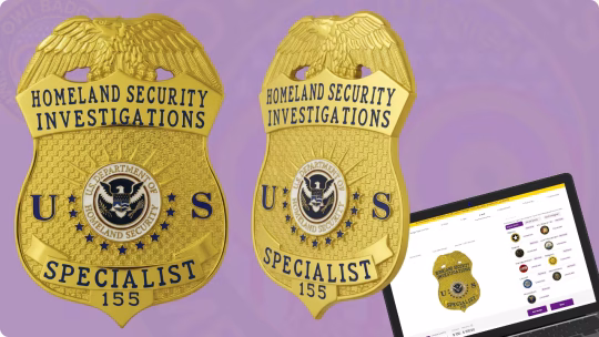 Gold badge with eagle emblem for Homeland Security Investigations Badge