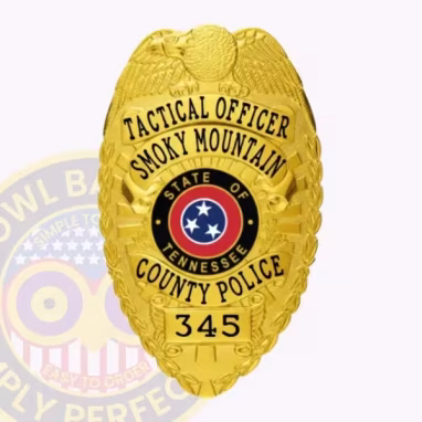 County Eagle Top Shield Badge Front. Gold county police badge with Tennessee state emblem