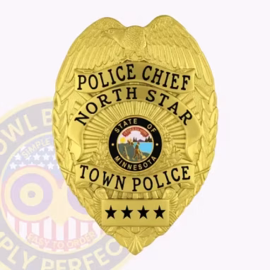 Town Eagle Top Shield Badge Front. Gold town police chief badge from Minnesota