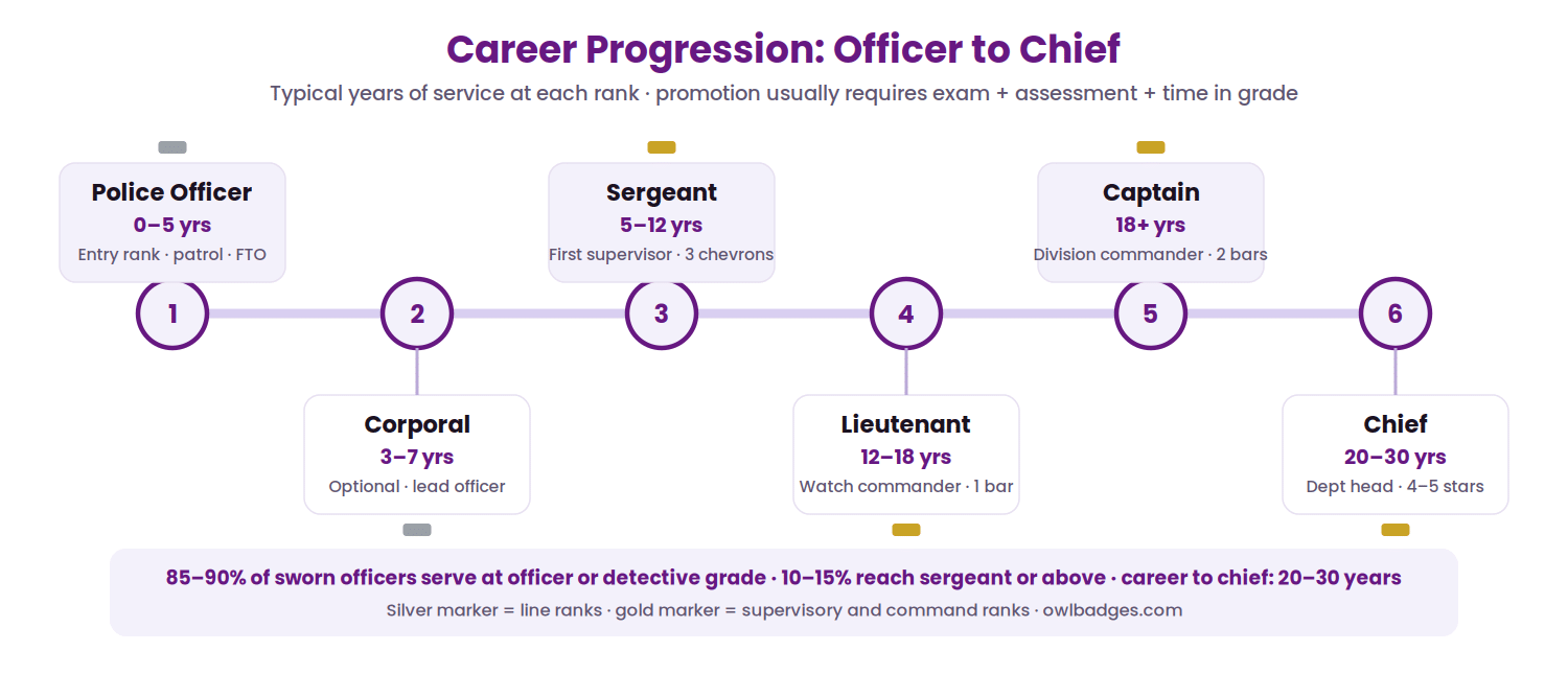 Police Ranks Explained 2 Police rank career progression timeline from officer to chief with typical years of service at each rank