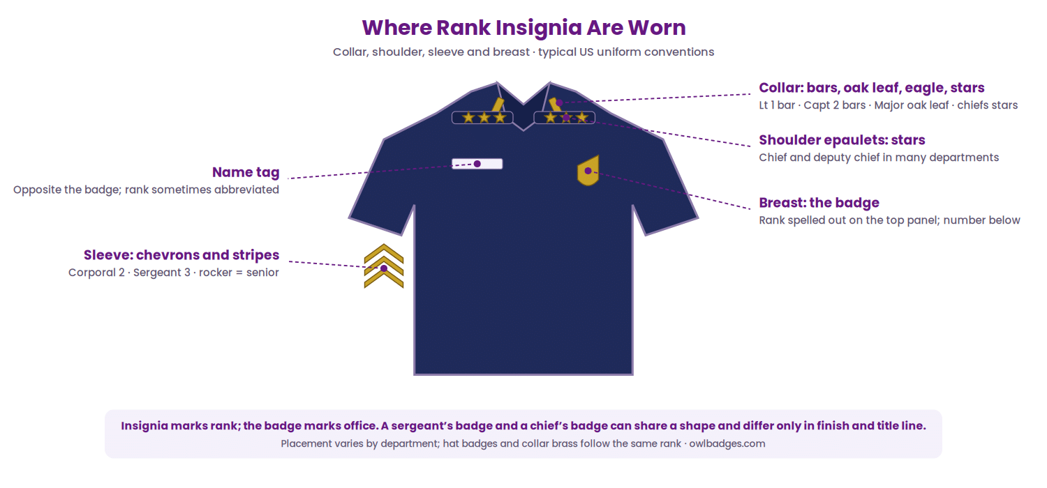Police Ranks Explained 3 Where police rank insignia are worn on the uniform: collar bars and stars, shoulder epaulets, sleeve chevrons, breast badge and name tag