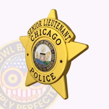 Chicago Police Badge Side. Side view of gold Chicago Police Badge in 5 point star shape.
