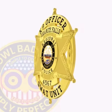 Cop Gold 6 Point Star Side. Side view of a gold 6 point star cop badge for K9 officer in SWAT.