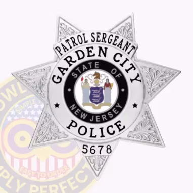 Cop Silver 7 Point Star Front. Front view of a 7 point star cop badge in silver for a Garden City Police patrol sergeant.