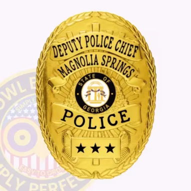 Deputy Police Chief Oval Front View. Front view of a view of a gold oval badge for deputy police chief in Magnolia Springs