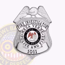 Fire Investigator Eagle Top Badge Front. Front view of an eagle top fire investigator badge in silver,