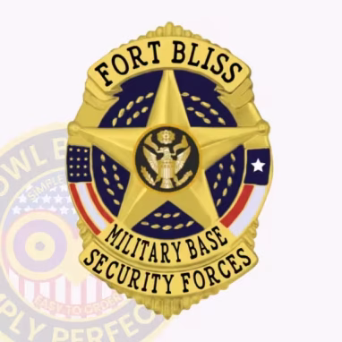 Fort Bliss Security Forces Front. Front view of a Fort Bliss Military Base gold badge.