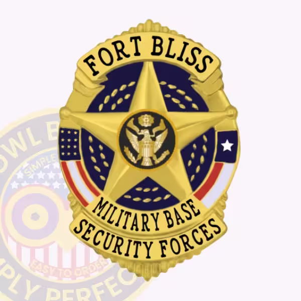 Fort Bliss Security Forces Front. Front view of a Fort Bliss Military Base gold badge.